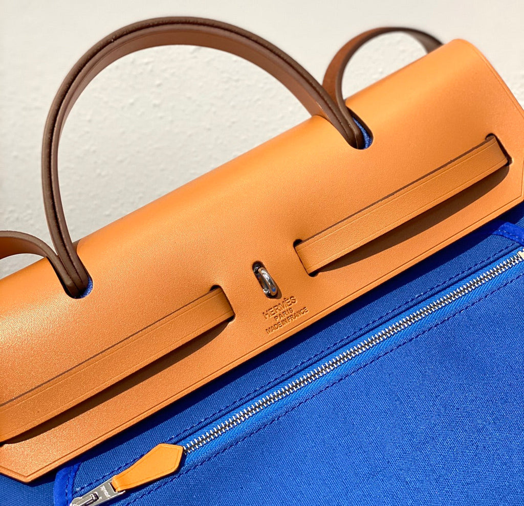 HERBAG 31 TOILE BLUE CANVAS GOLD COWHIDE LEATHER