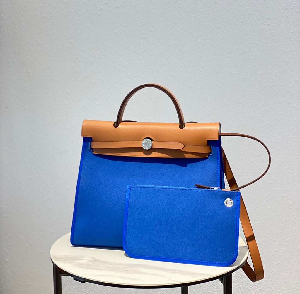 HERBAG 31 TOILE BLUE CANVAS GOLD COWHIDE LEATHER