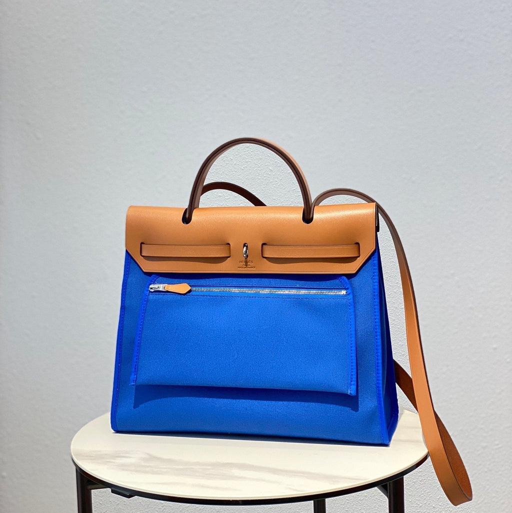 HERBAG 31 TOILE BLUE CANVAS GOLD COWHIDE LEATHER
