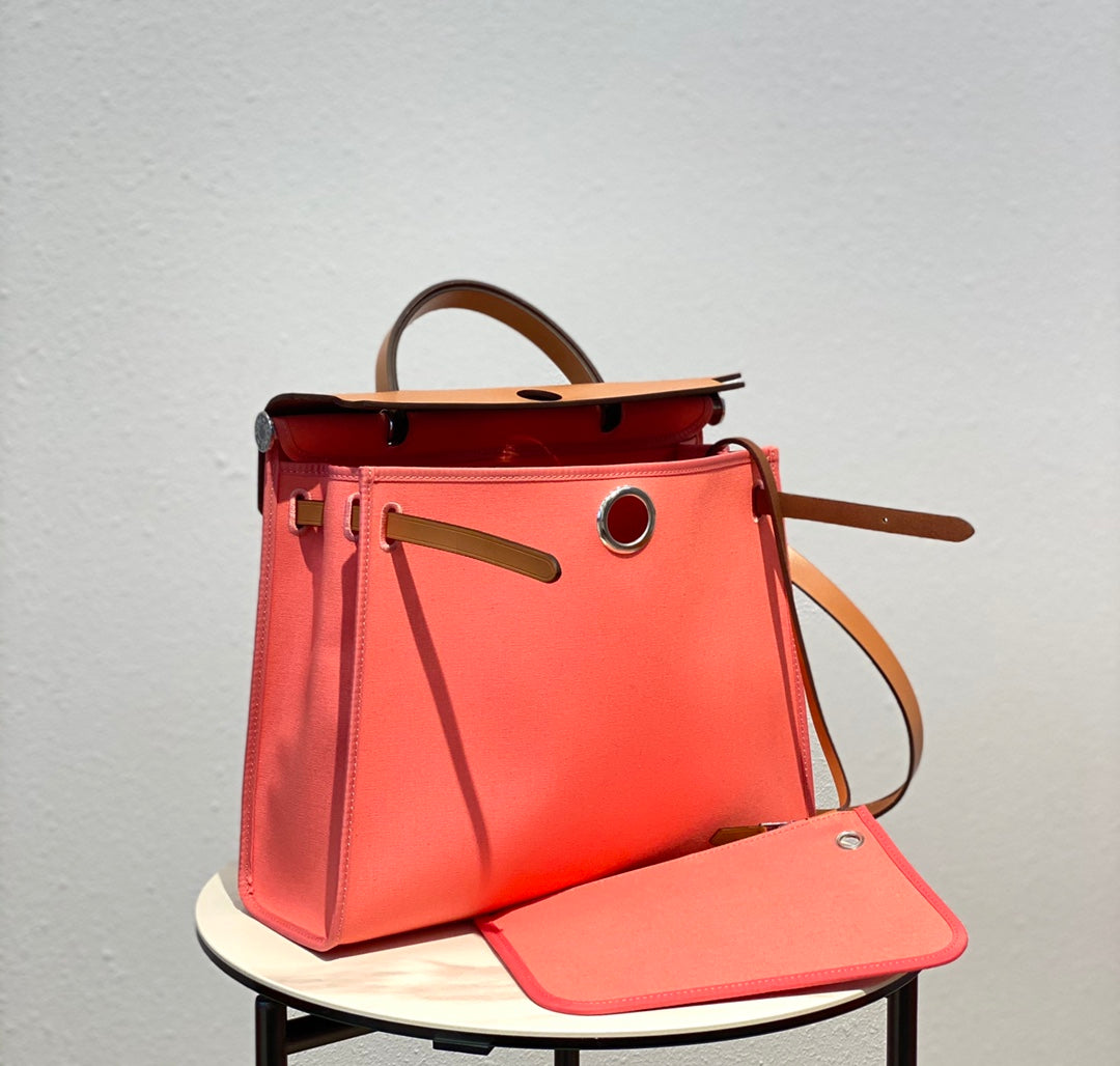 HERBAG 31 TOILE PINK CANVAS GOLD COWHIDE LEATHER