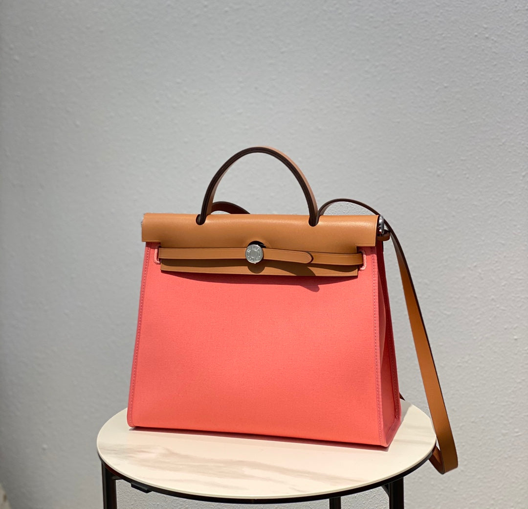 HERBAG 31 TOILE PINK CANVAS GOLD COWHIDE LEATHER