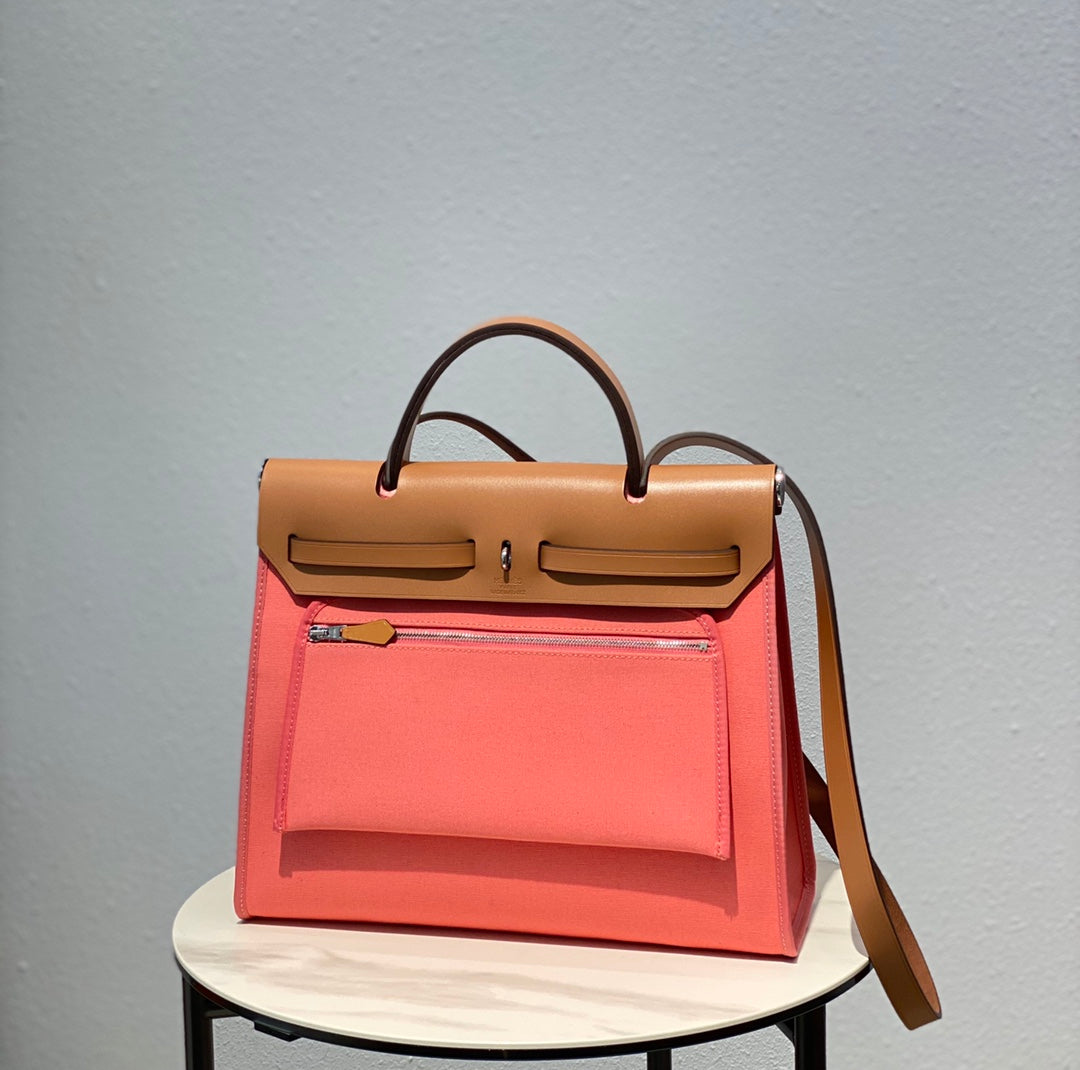 HERBAG 31 TOILE PINK CANVAS GOLD COWHIDE LEATHER