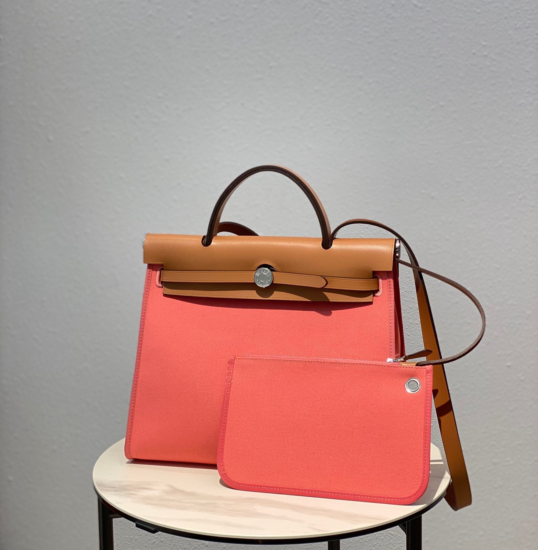 HERBAG 31 TOILE PINK CANVAS GOLD COWHIDE LEATHER