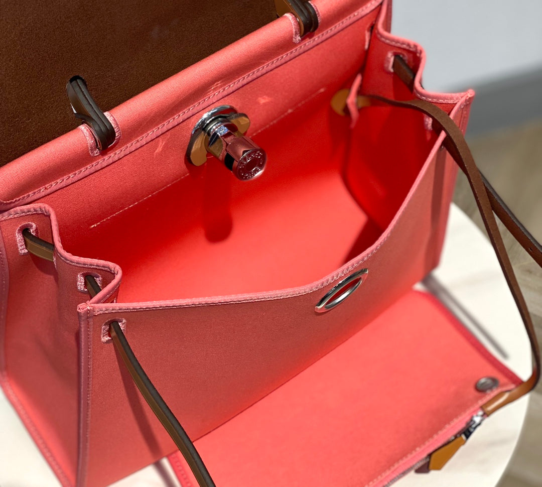 HERBAG 31 TOILE PINK CANVAS GOLD COWHIDE LEATHER