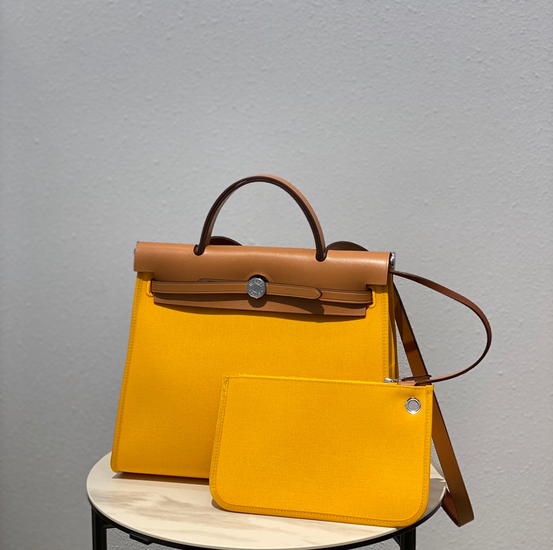 HERBAG 31 TOILE YELLOW CANVAS GOLD COWHIDE LEATHER