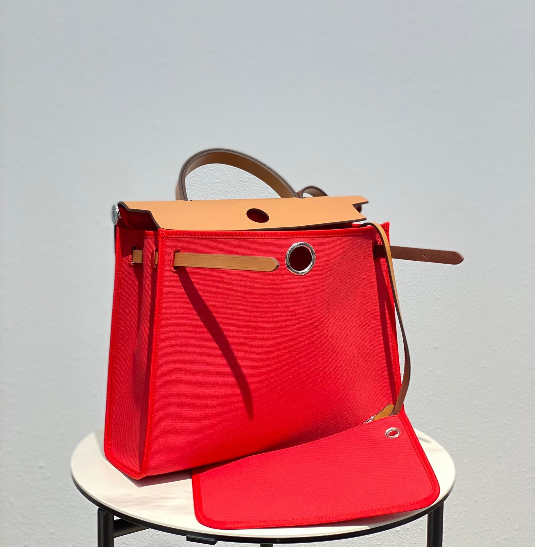 HERBAG 31 TOILE RED CANVAS GOLD COWHIDE LEATHER