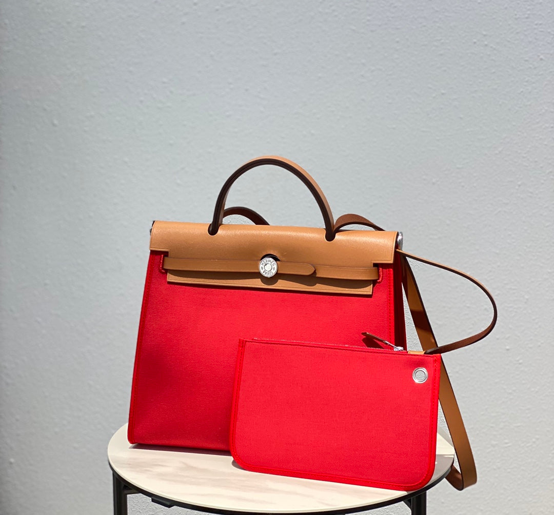 HERBAG 31 TOILE RED CANVAS GOLD COWHIDE LEATHER