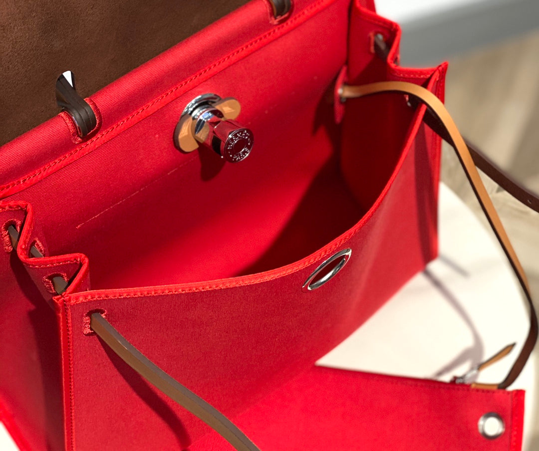 HERBAG 31 TOILE RED CANVAS GOLD COWHIDE LEATHER