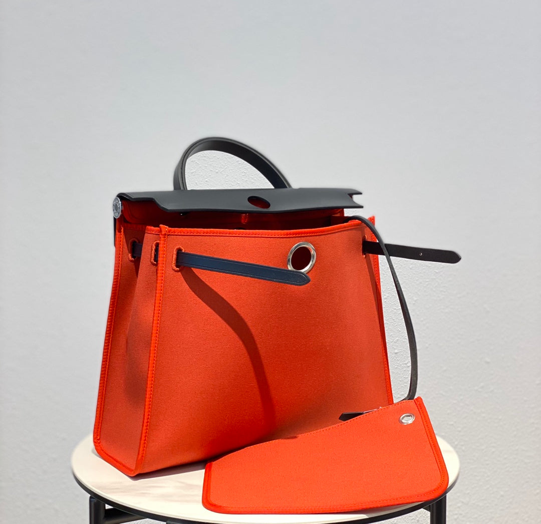 HERBAG 31 TOILE RED ORANGE CANVAS BLACK COWHIDE LEATHER