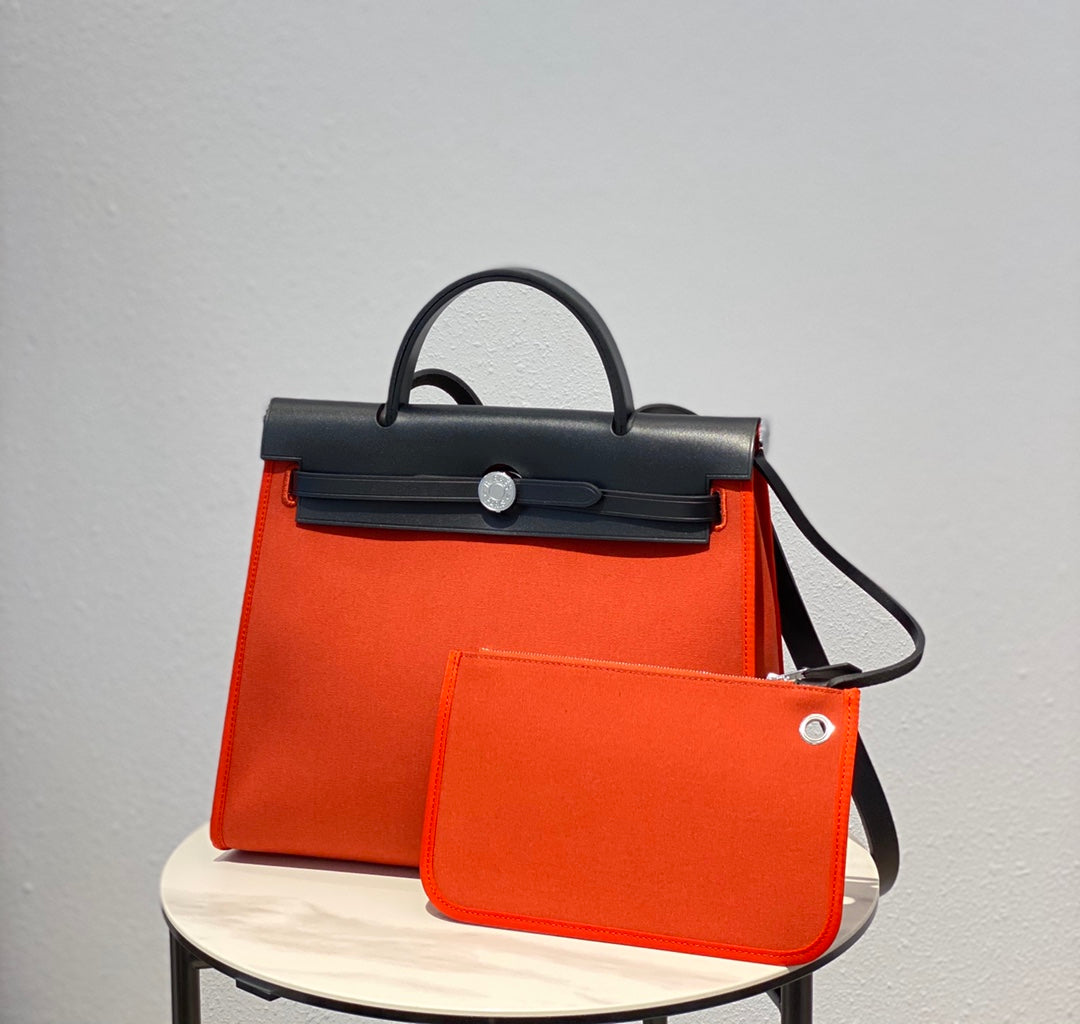 HERBAG 31 TOILE RED ORANGE CANVAS BLACK COWHIDE LEATHER