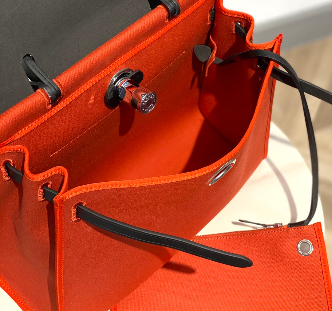 HERBAG 31 TOILE RED ORANGE CANVAS BLACK COWHIDE LEATHER