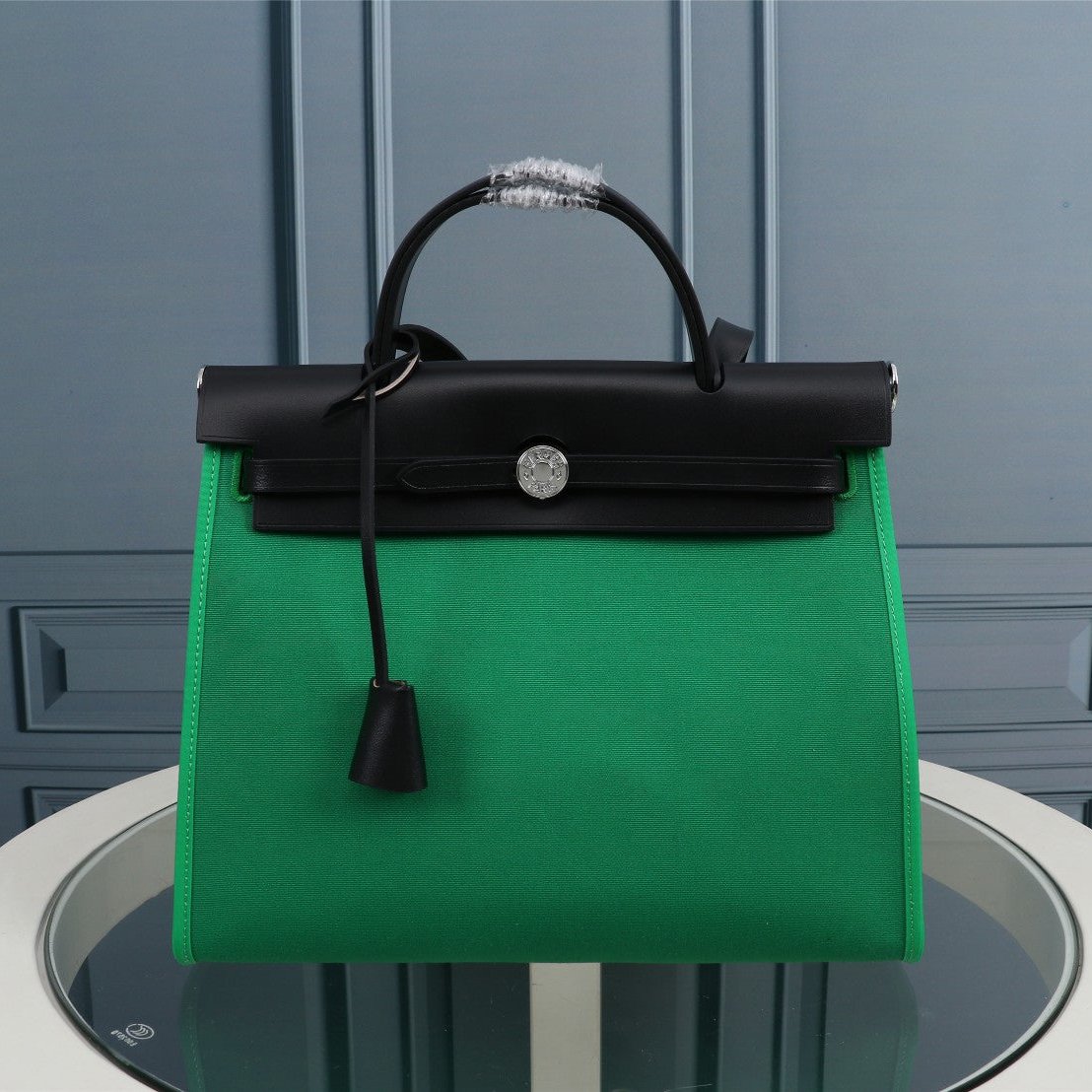 HM HERBAG ZIP 31 TOILE VERT D'EAU ET NOIR