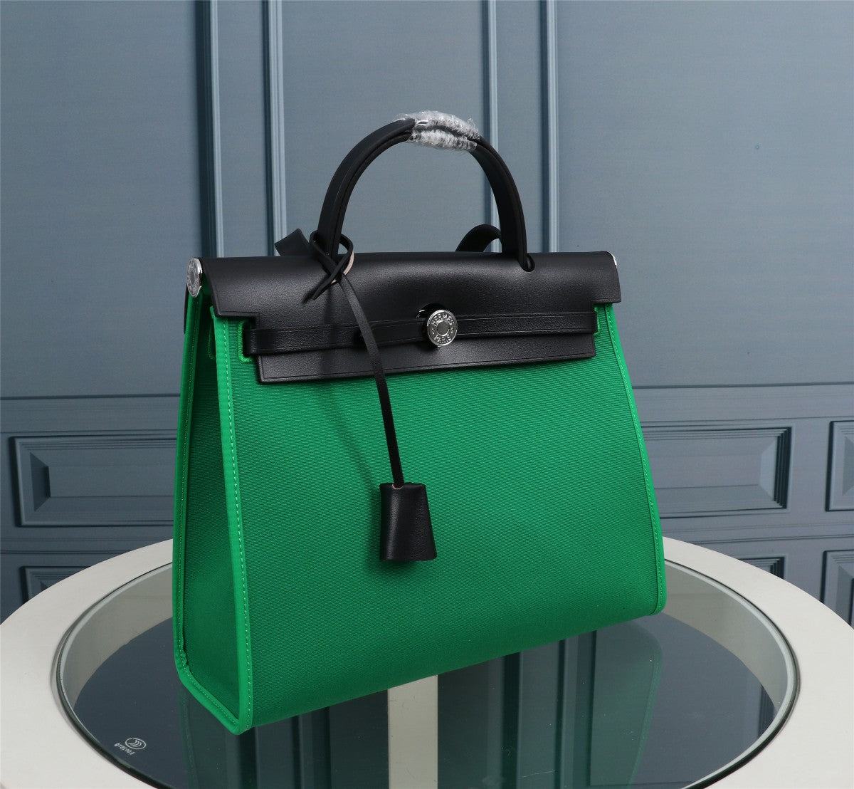 HM HERBAG ZIP 31 TOILE VERT D'EAU ET NOIR