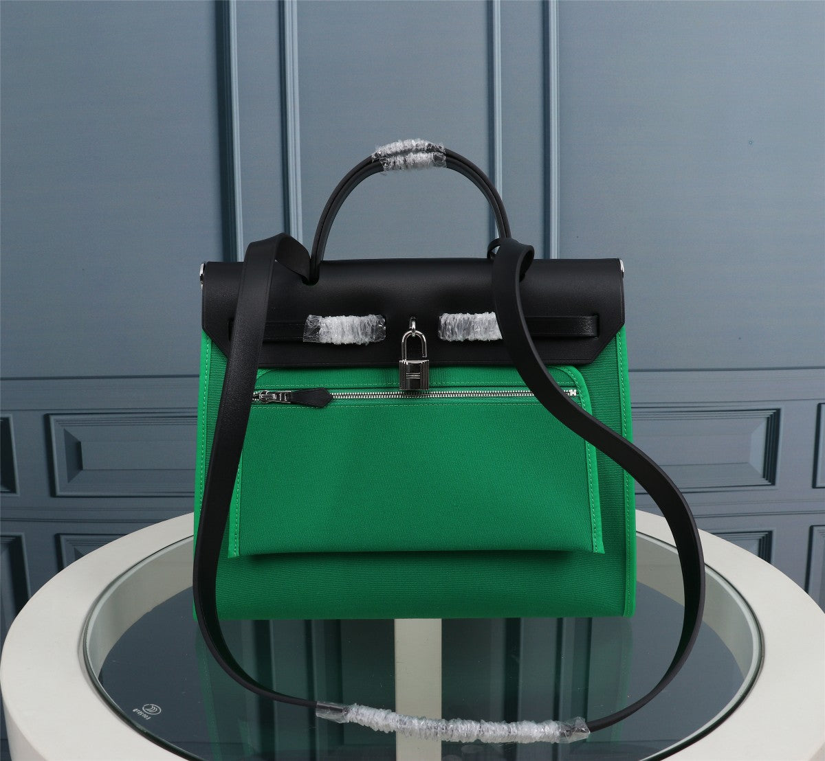 HM HERBAG ZIP 31 TOILE VERT D'EAU ET NOIR