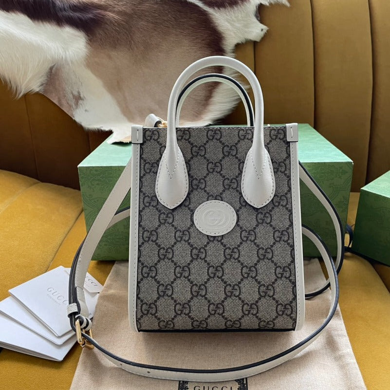 MINI SAC TOTE 20 EN TOILE BEIGE ET CUIR DE VEAU BLANC