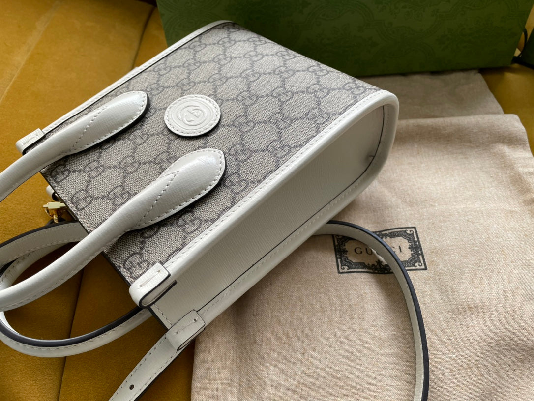 MINI SAC TOTE 20 EN TOILE BEIGE ET CUIR DE VEAU BLANC