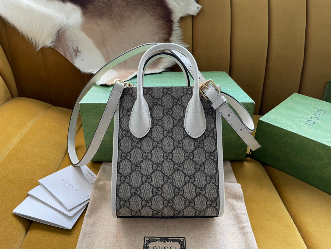 MINI SAC TOTE 20 EN TOILE BEIGE ET CUIR DE VEAU BLANC