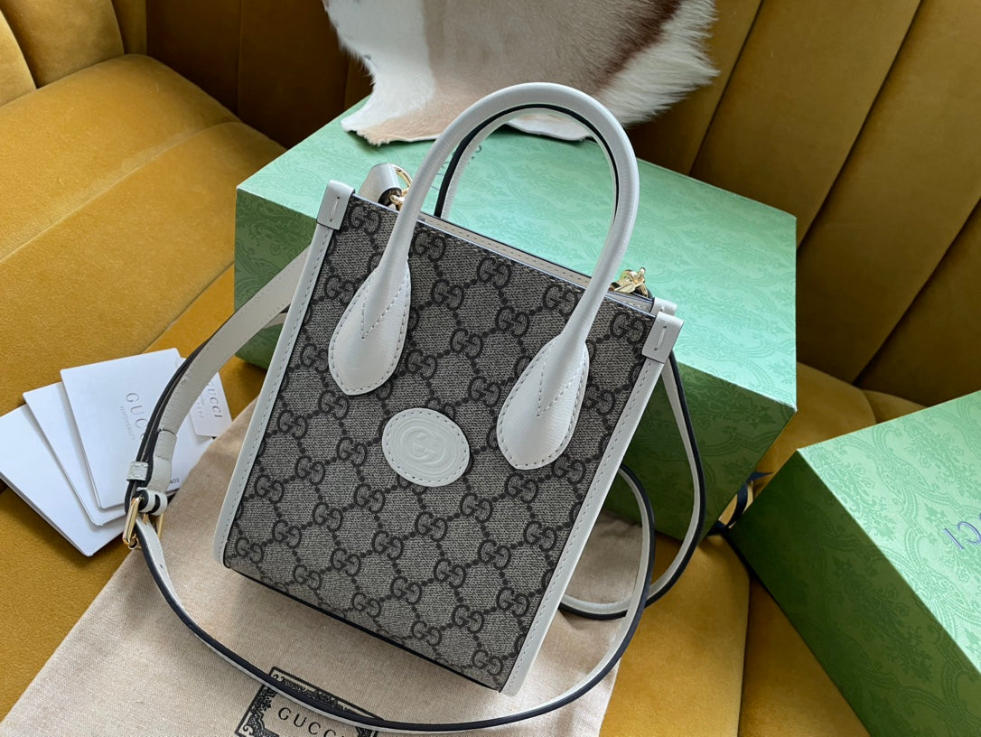 MINI SAC TOTE 20 EN TOILE BEIGE ET CUIR DE VEAU BLANC