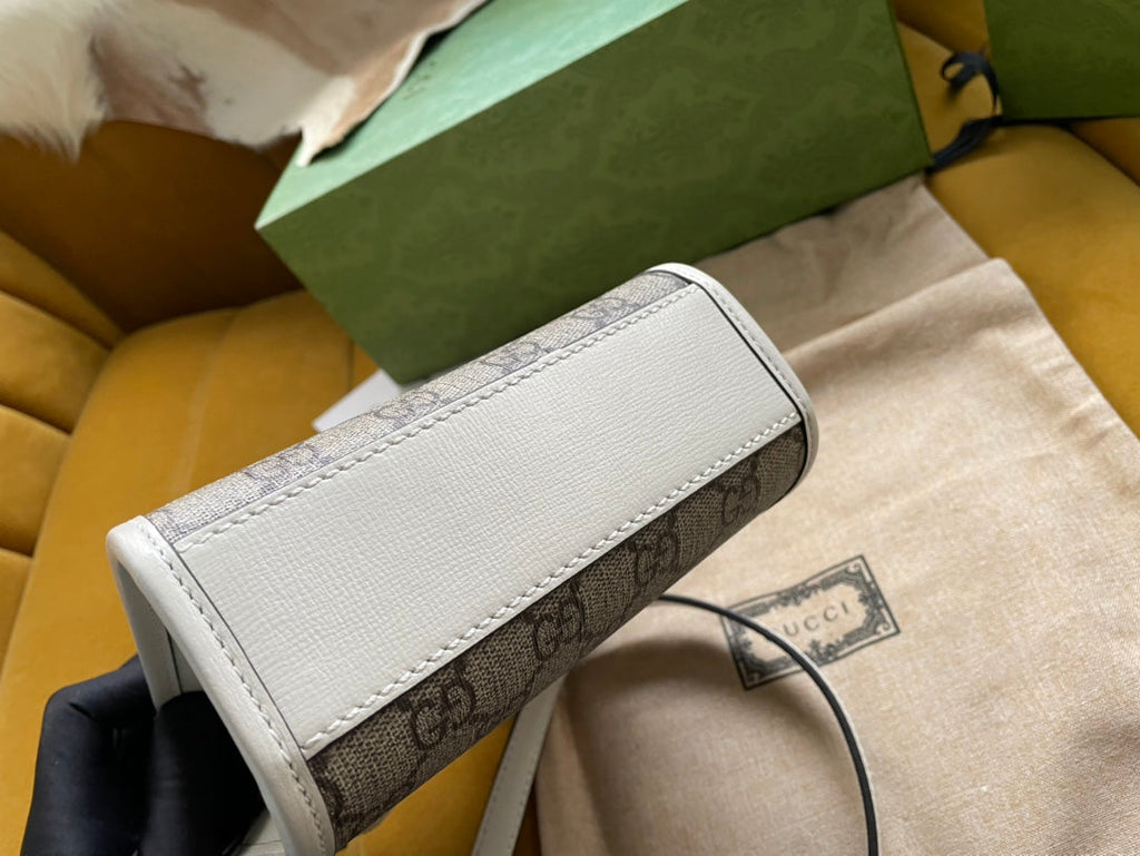 MINI SAC TOTE 20 EN TOILE BEIGE ET CUIR DE VEAU BLANC