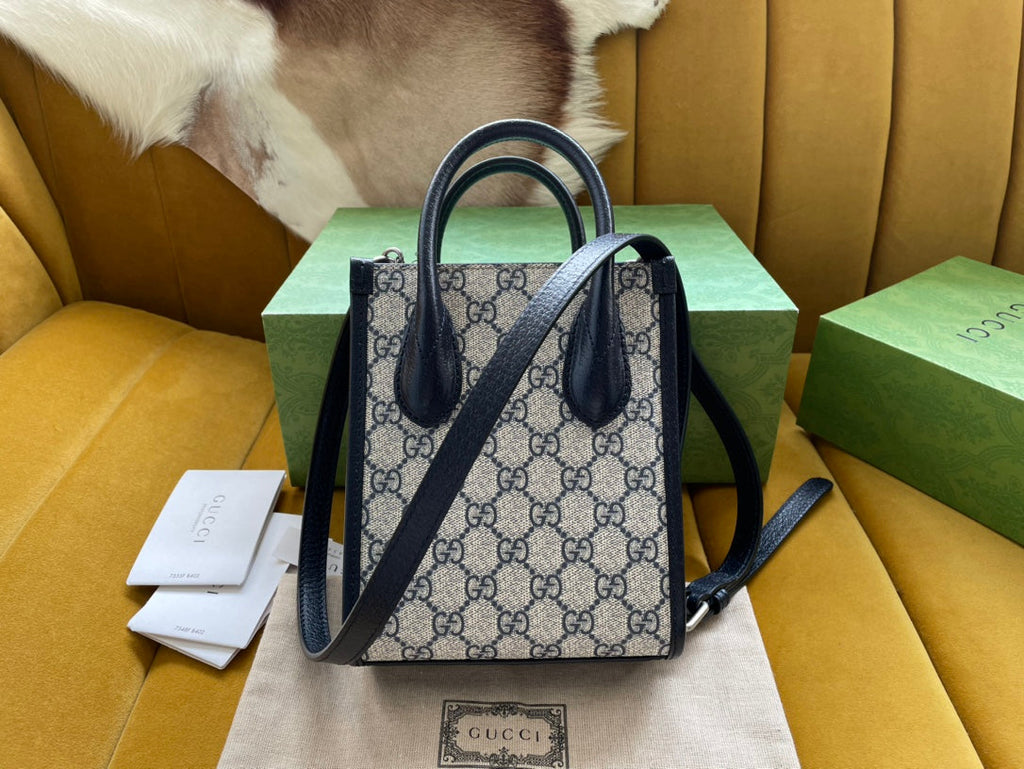 MINI SAC TOTE 20 EN TOILE BEIGE ET CUIR DE VEAU NOIR