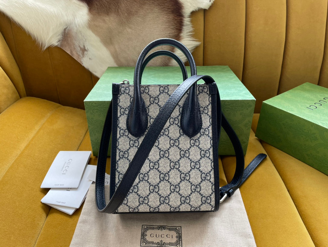 MINI SAC TOTE 20 EN TOILE BEIGE ET CUIR DE VEAU NOIR