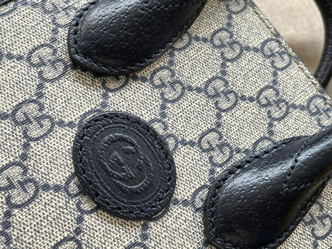 MINI SAC TOTE 20 EN TOILE BEIGE ET CUIR DE VEAU NOIR