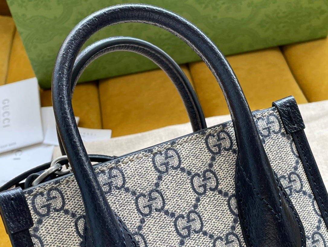 MINI SAC TOTE 20 EN TOILE BEIGE ET CUIR DE VEAU NOIR