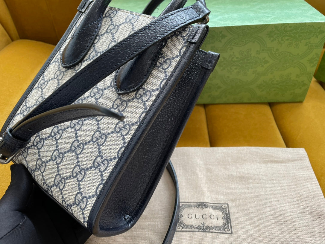MINI SAC TOTE 20 EN TOILE BEIGE ET CUIR DE VEAU NOIR