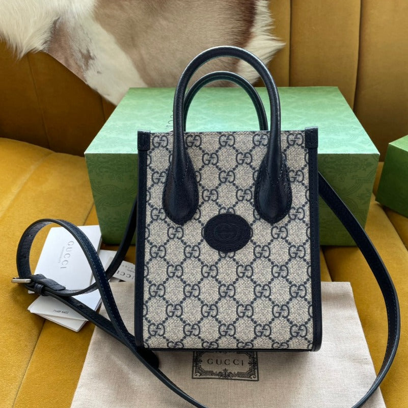 MINI SAC TOTE 20 EN TOILE BEIGE ET CUIR DE VEAU NOIR
