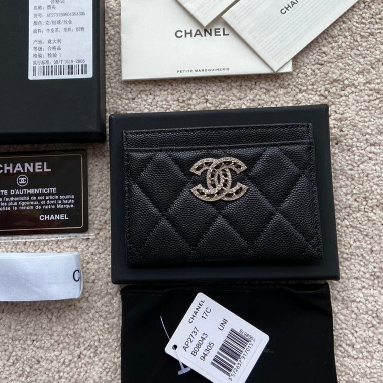 CC CARD HOLDER 11CM BLACK CAVIAR LIGHT GOLD HARDWARE