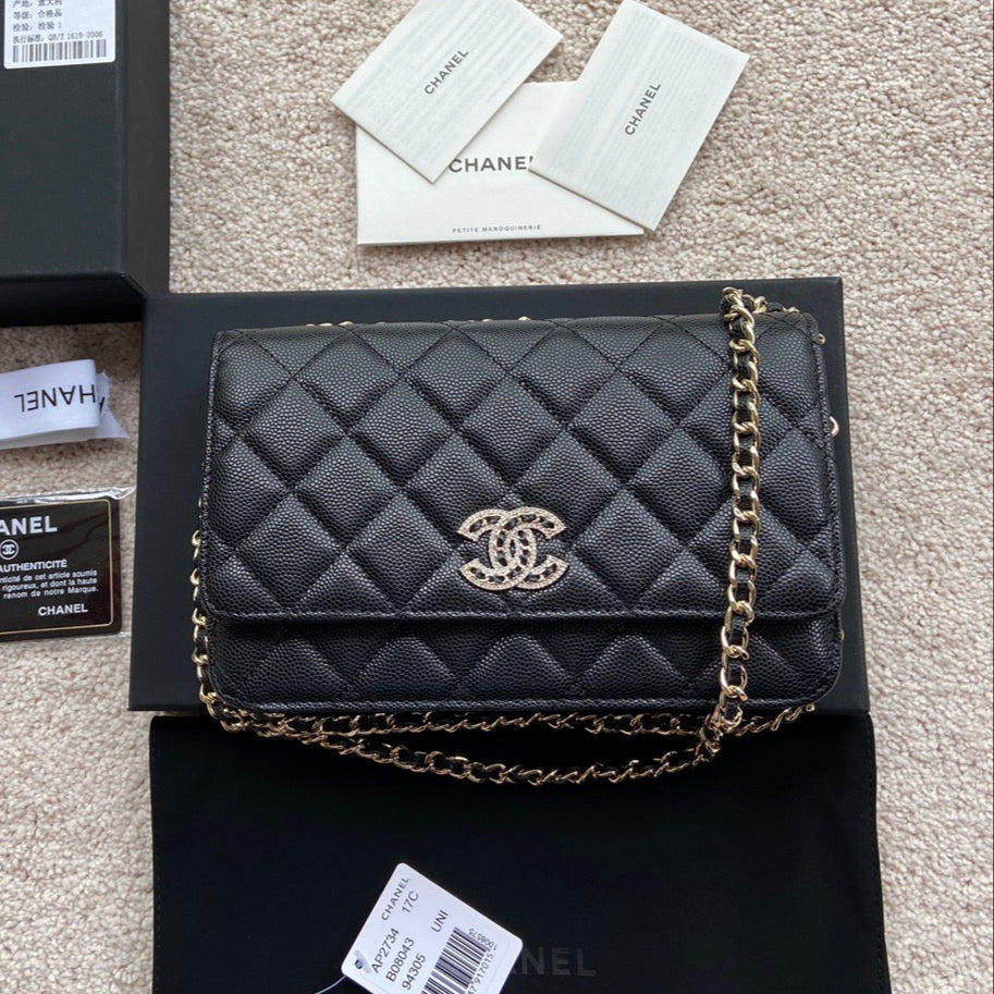 CC CLASSIC WOC 20CM CUIR DE VEAU GRAINÉ NOIR ACIER DORÉ DIAMANT