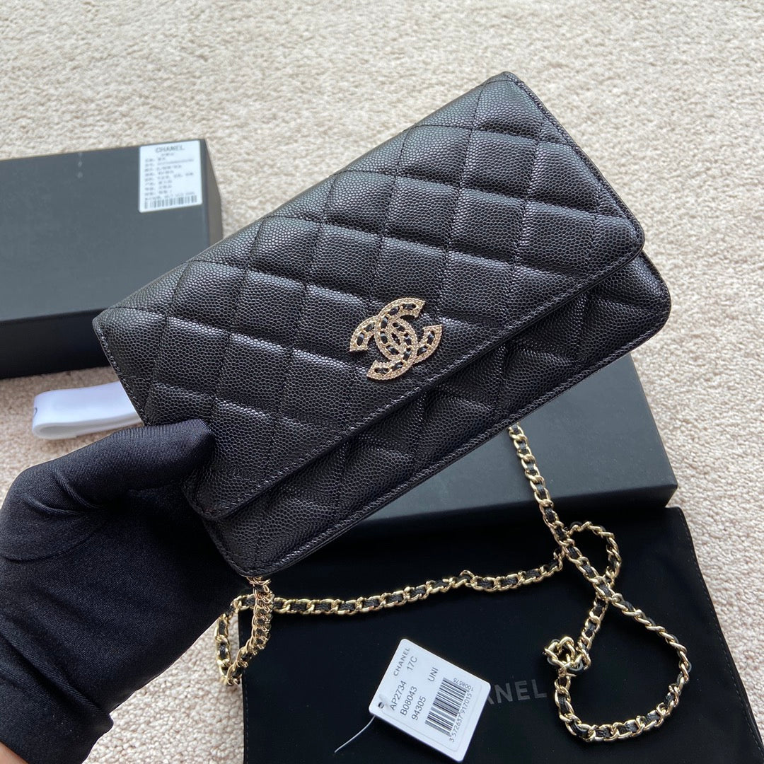 CC CLASSIC WOC 20CM CUIR DE VEAU GRAINÉ NOIR ACIER DORÉ DIAMANT