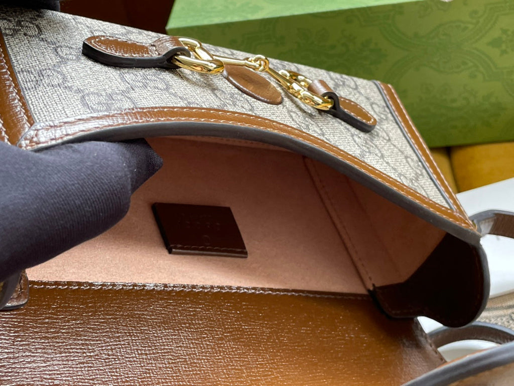 SAC MINI 18 GG HORSEBIT 1955 EN TOILE BEIGE ET CUIR DE VEAU MARRON