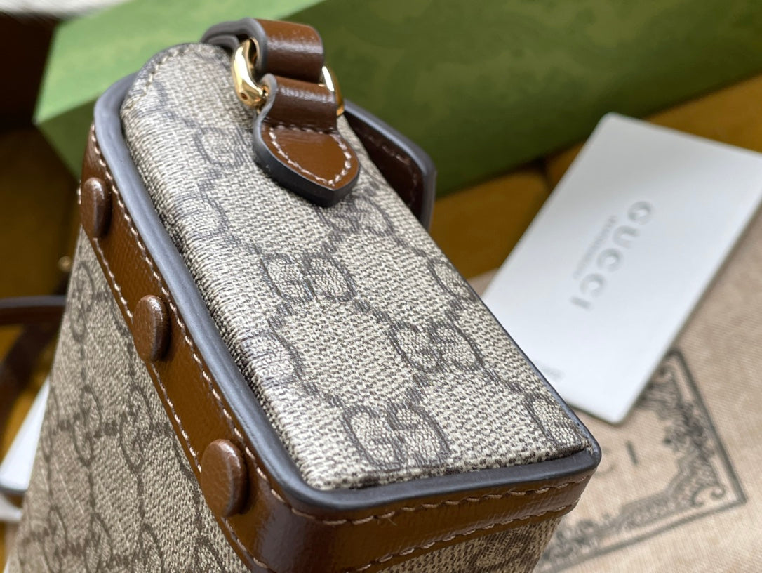 SAC MINI 18 GG HORSEBIT 1955 EN TOILE BEIGE ET CUIR DE VEAU MARRON
