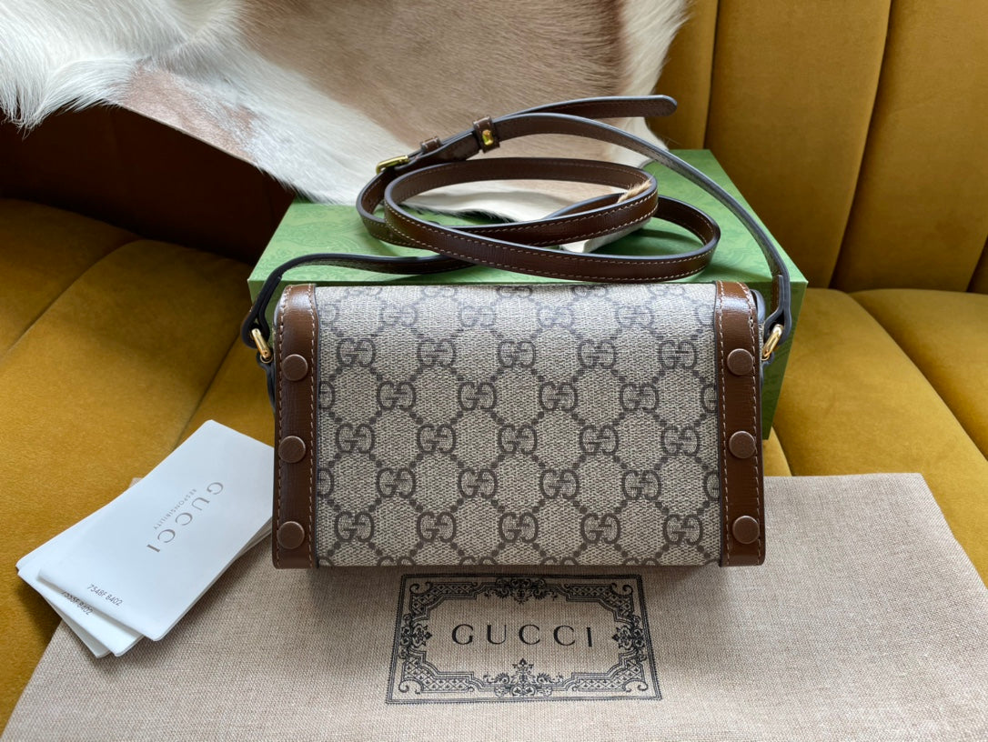 SAC MINI 18 GG HORSEBIT 1955 EN TOILE BEIGE ET CUIR DE VEAU MARRON