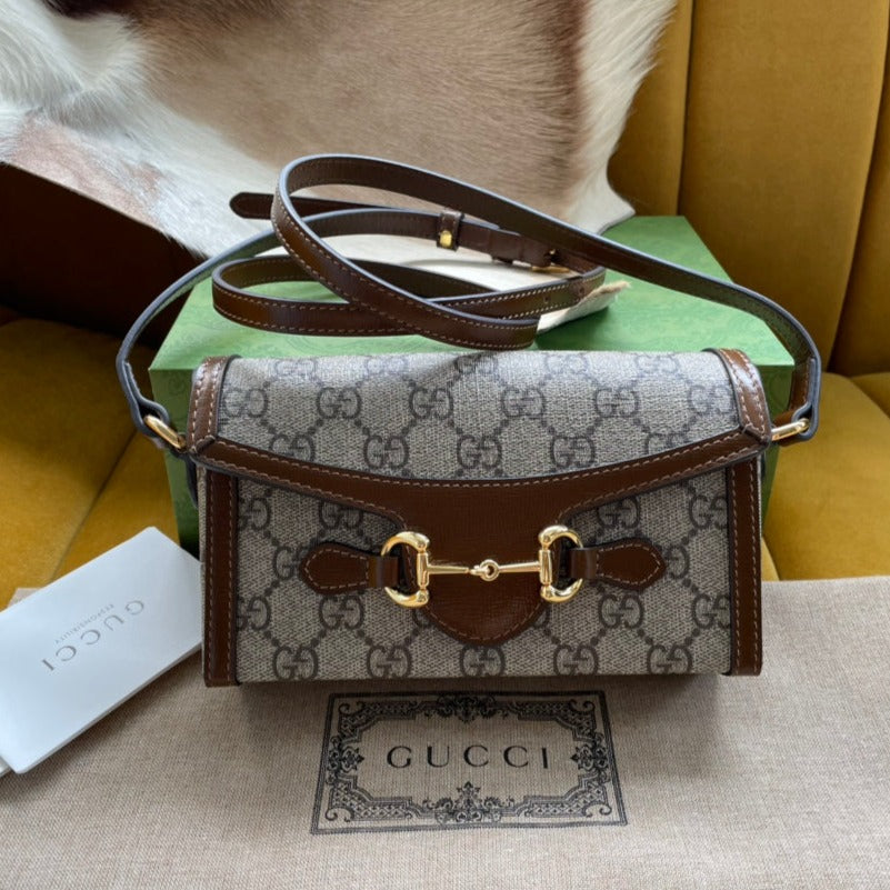 SAC MINI 18 GG HORSEBIT 1955 EN TOILE BEIGE ET CUIR DE VEAU MARRON