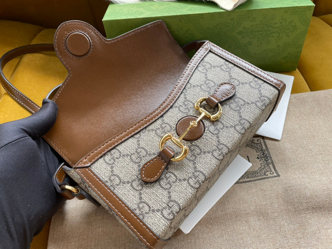 SAC MINI 18 GG HORSEBIT 1955 EN TOILE BEIGE ET CUIR DE VEAU MARRON