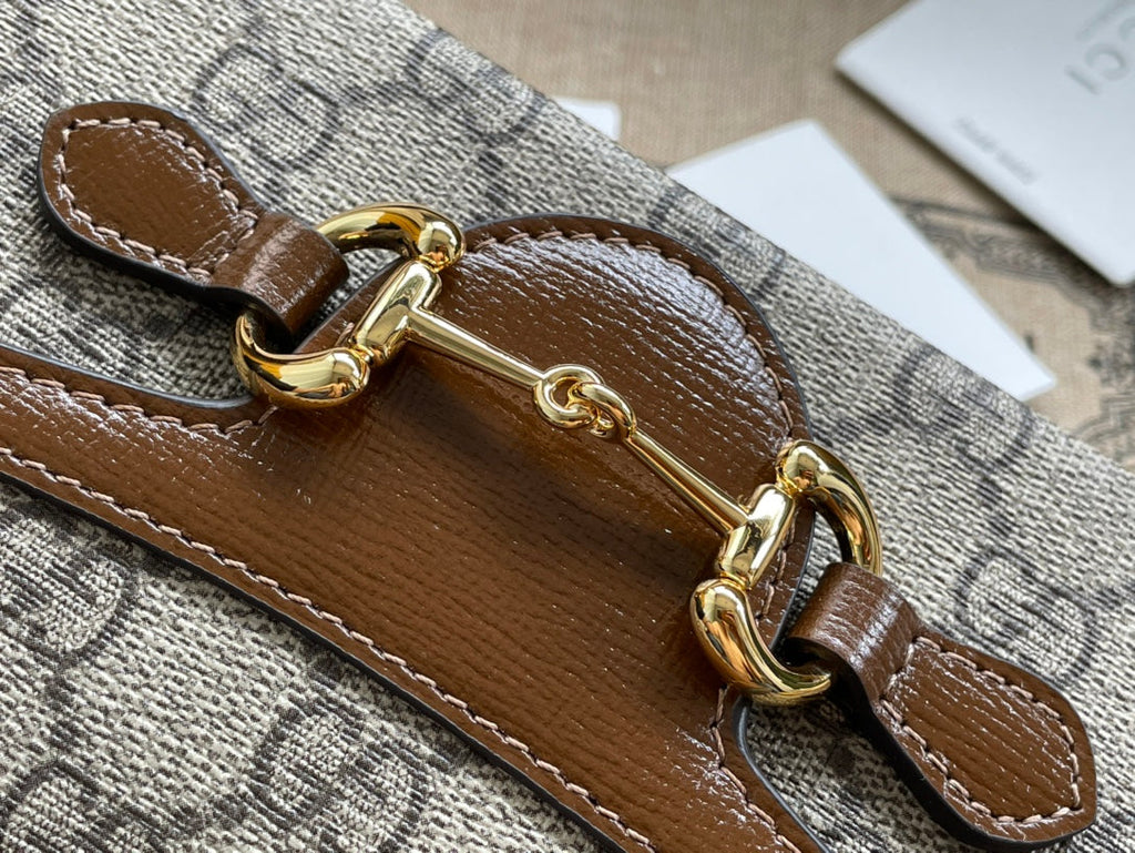 SAC MINI 18 GG HORSEBIT 1955 EN TOILE BEIGE ET CUIR DE VEAU MARRON