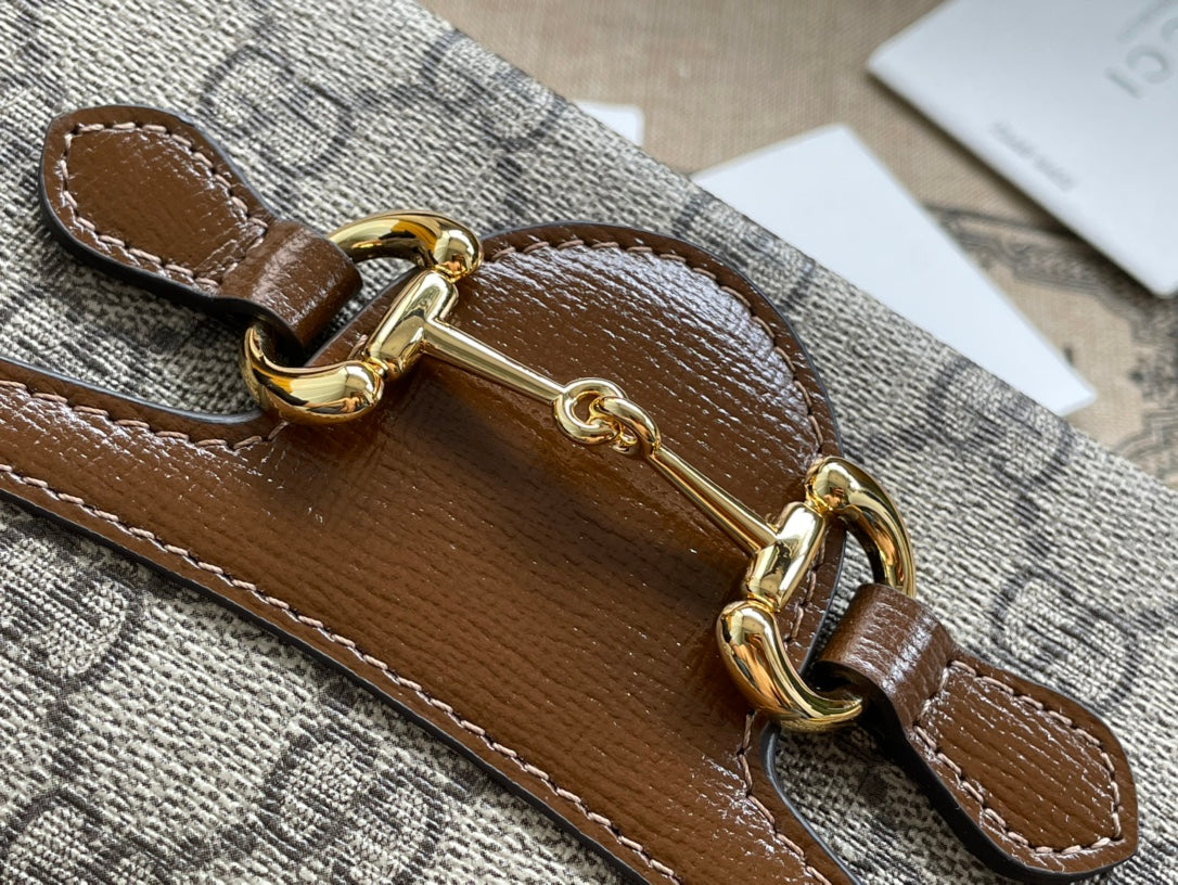 SAC MINI 18 GG HORSEBIT 1955 EN TOILE BEIGE ET CUIR DE VEAU MARRON