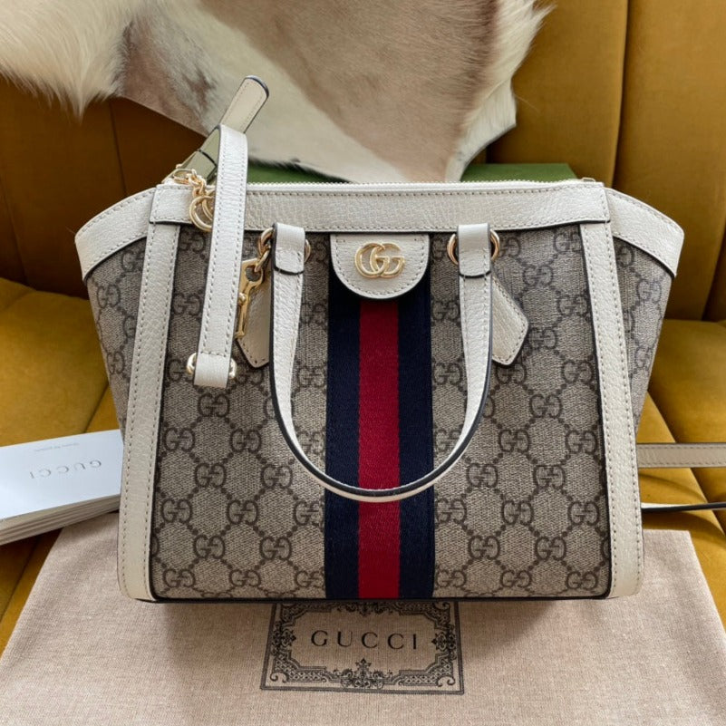 SAC CABAS GG OPHIDIA 24 EN TOILE BEIGE ET CUIR DE VEAU BLANC