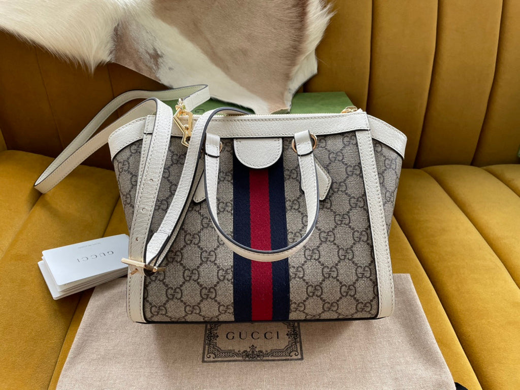 SAC CABAS GG OPHIDIA 24 EN TOILE BEIGE ET CUIR DE VEAU BLANC