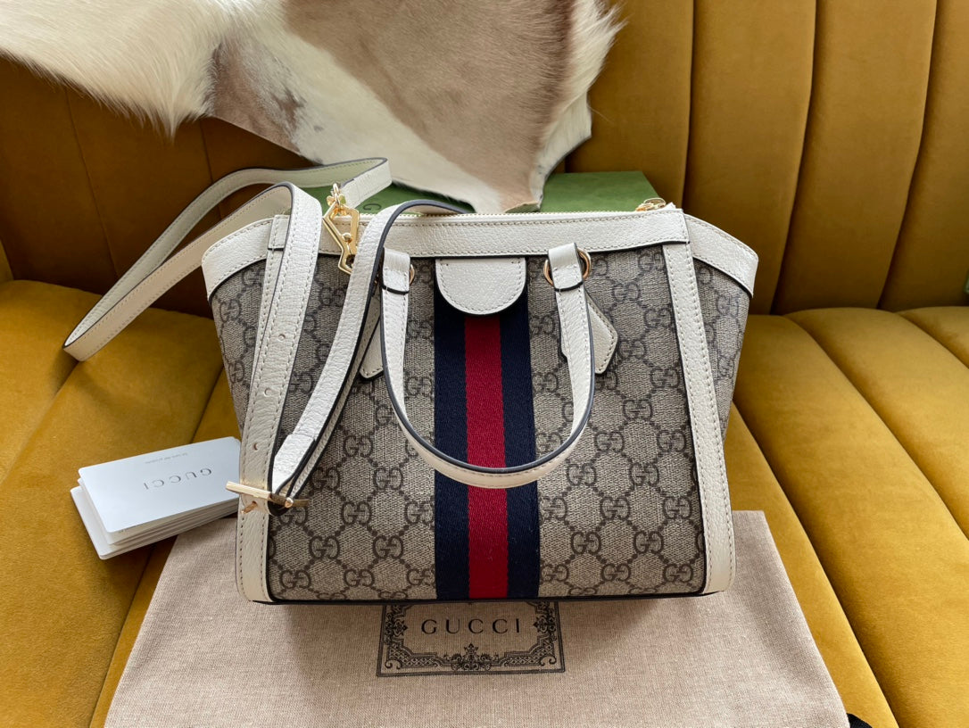SAC CABAS GG OPHIDIA 24 EN TOILE BEIGE ET CUIR DE VEAU BLANC