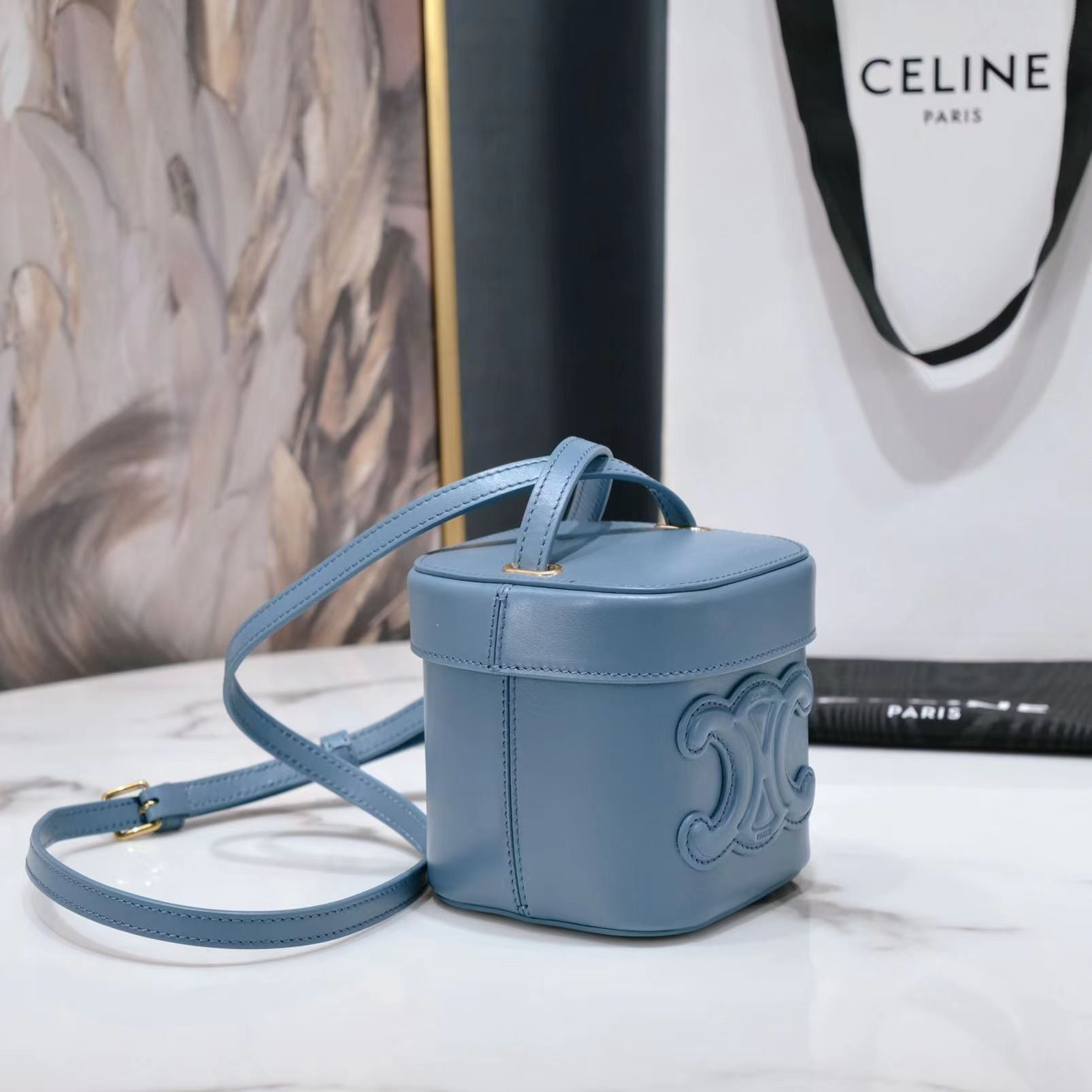 SAC BANDOULIÈRE SQUARE BOX 11 CUIR DE VEAU BLEU AZUR