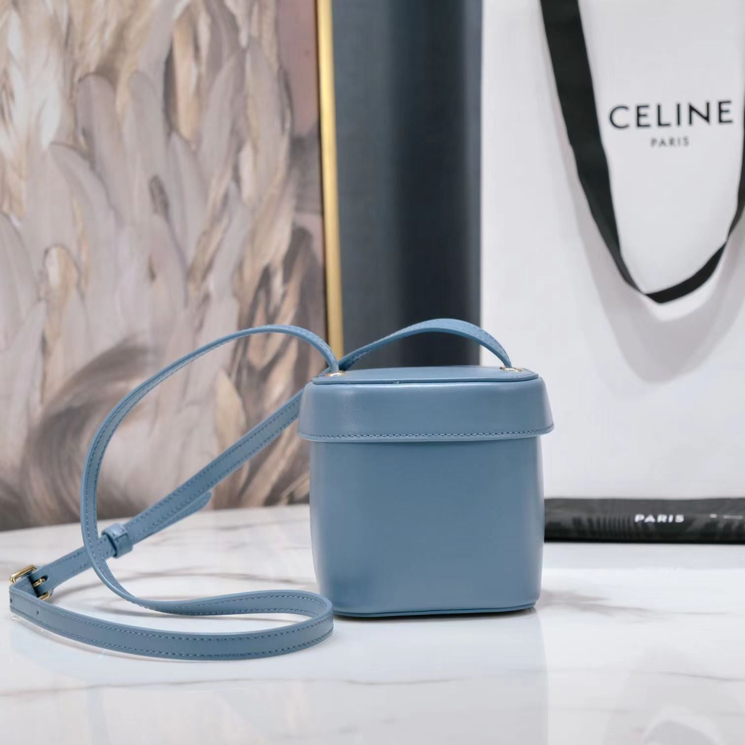 SAC BANDOULIÈRE SQUARE BOX 11 CUIR DE VEAU BLEU AZUR