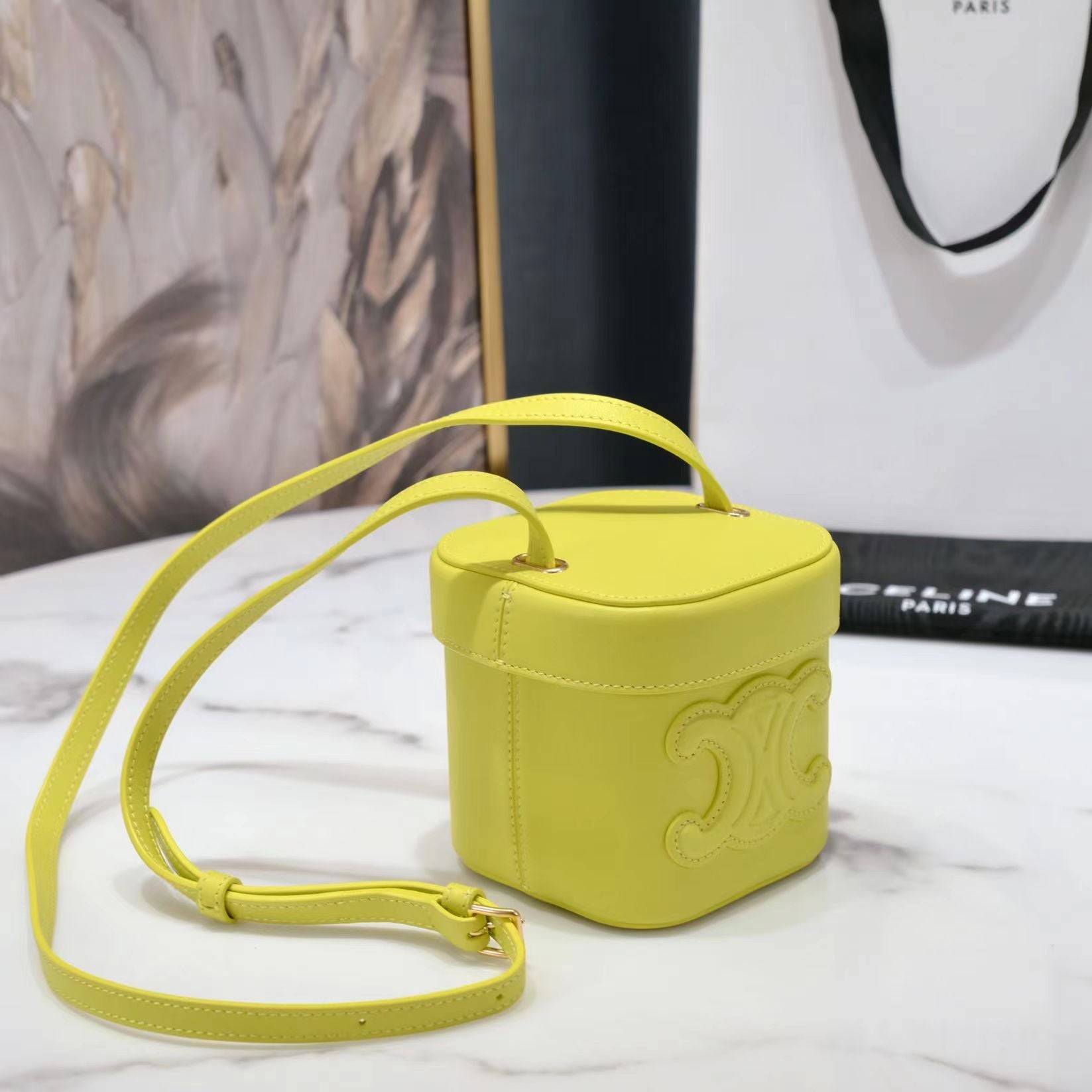 SAC BANDOULIÈRE SQUARE BOX 11 CUIR DE VEAU JAUNE CITRON