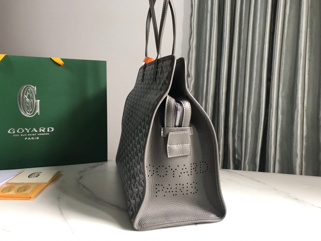 SAC HARDY PM 40 EN TOILE GOYARDINE GRISE ET GARNITURES EN CUIR TAURILLON