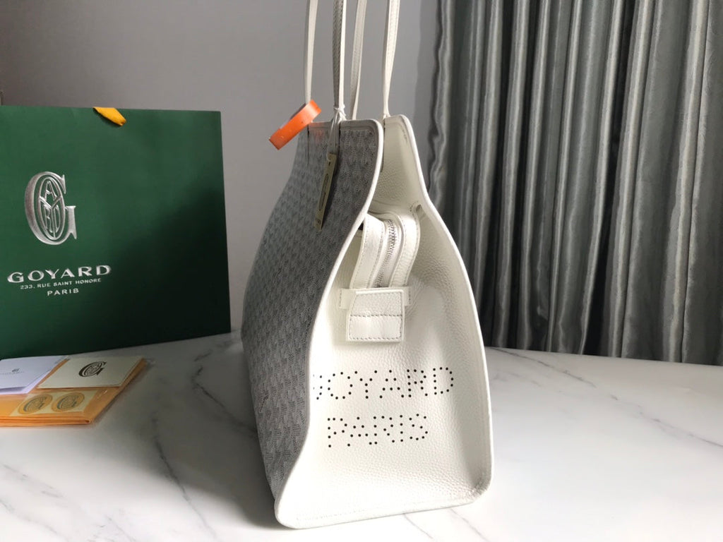 SAC HARDY PM 40 EN TOILE GOYARDINE BLANCHE ET GARNITURES EN CUIR TAURILLON