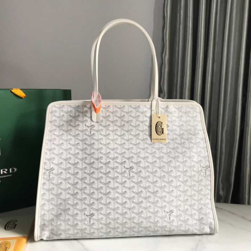 SAC HARDY PM 40 EN TOILE GOYARDINE BLANCHE ET GARNITURES EN CUIR TAURILLON