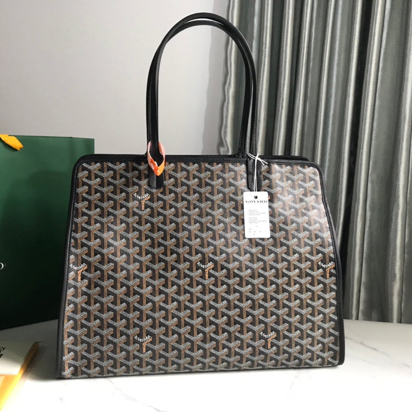 SAC HARDY PM 40 EN TOILE GOYARDINE NOIRE ET GARNITURES EN CUIR TAURILLON