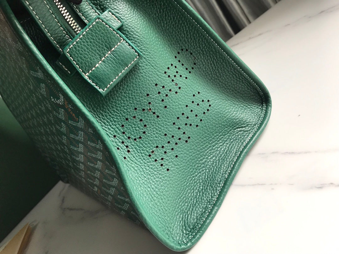 SAC HARDY PM 40 EN TOILE GOYARDINE VERTE ET GARNITURES EN CUIR TAURILLON